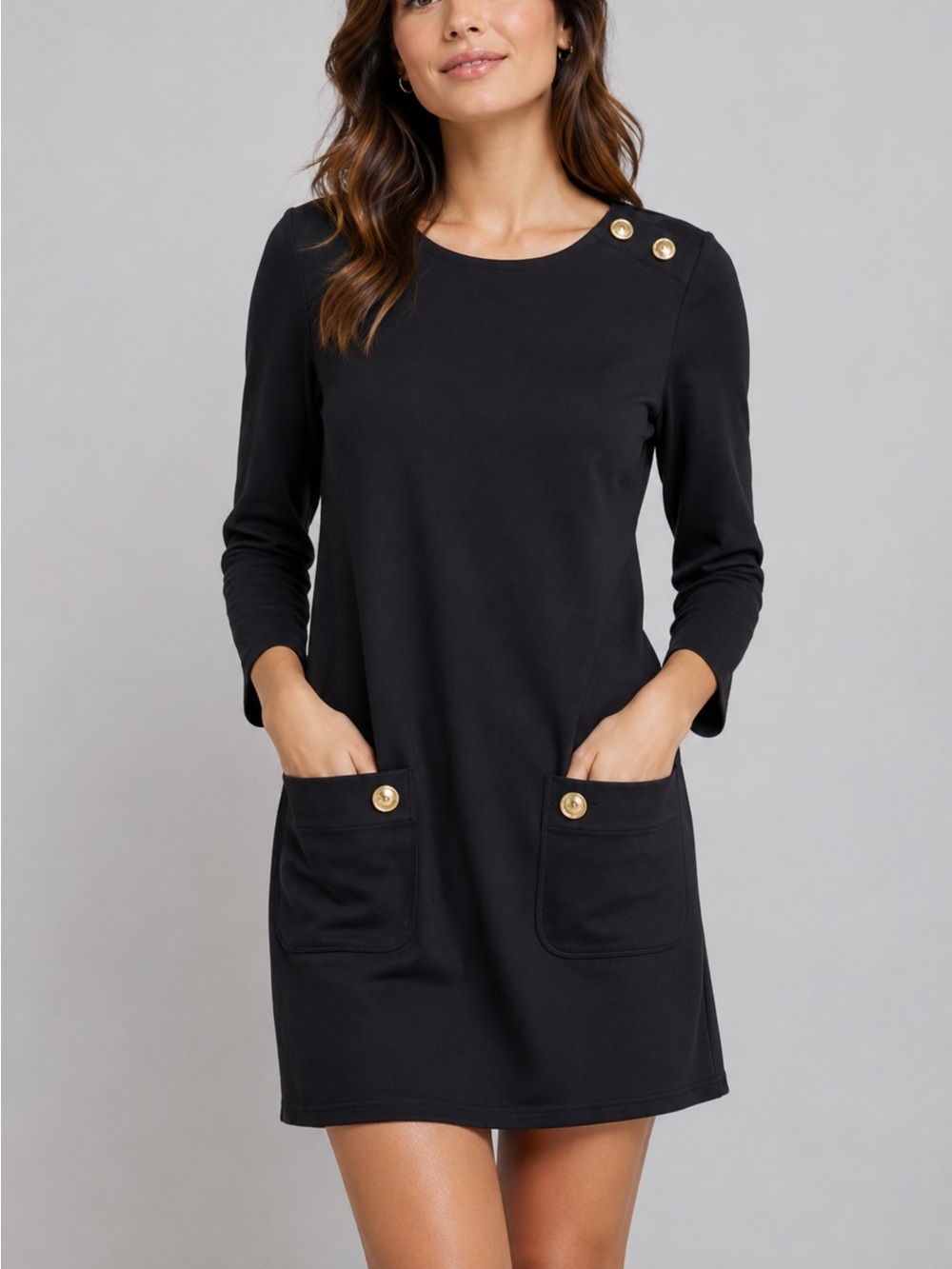 Sail to Sable Black Ponte Knit Mini Dress Gold Button Pockets Long Sleeve Shift